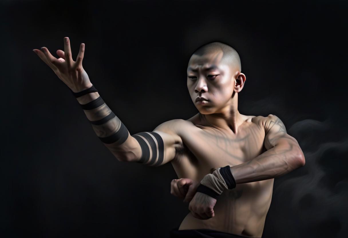  macabre style drawn monk fighter with a face, as in the original image. with a tattoo on the neck in the form of a horizontal black stripe. . dark, gothic, grim, haunting, highly detailed, perfecteyes, perfect hands