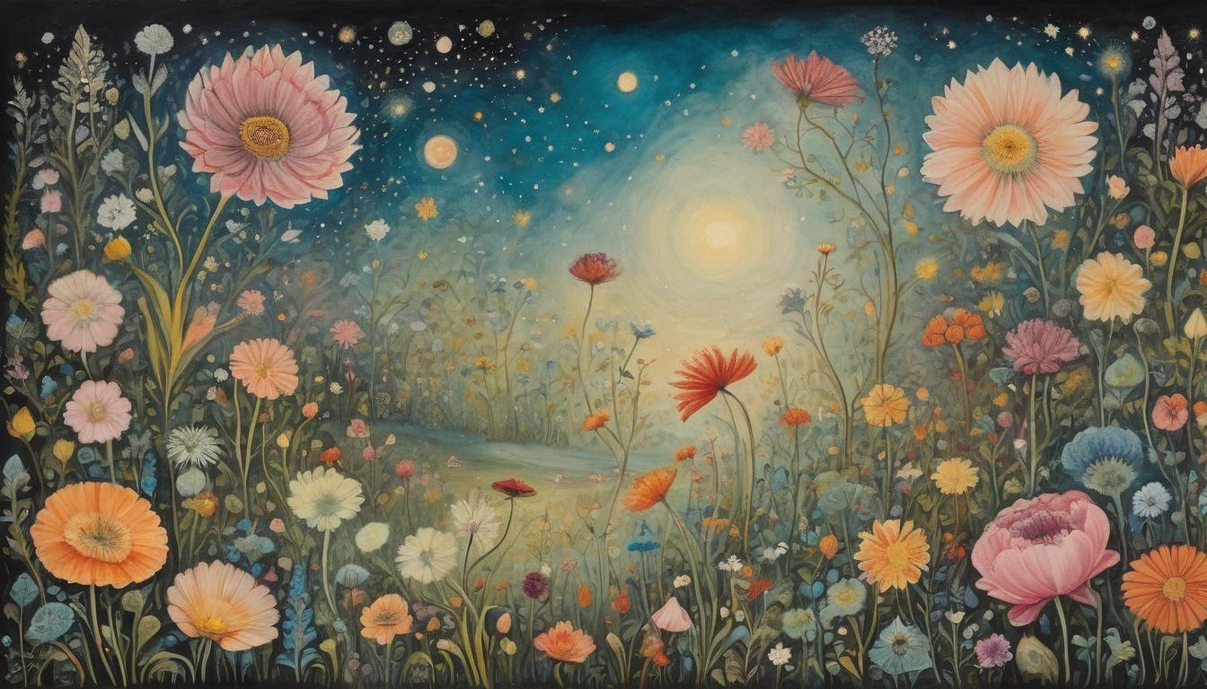  on parchment, surrealism++, a blooming night garden under a starlit sky, flowers emitting soft phosphorescence, ethereal, enchanting(mysterious, provocative, symbolic)++