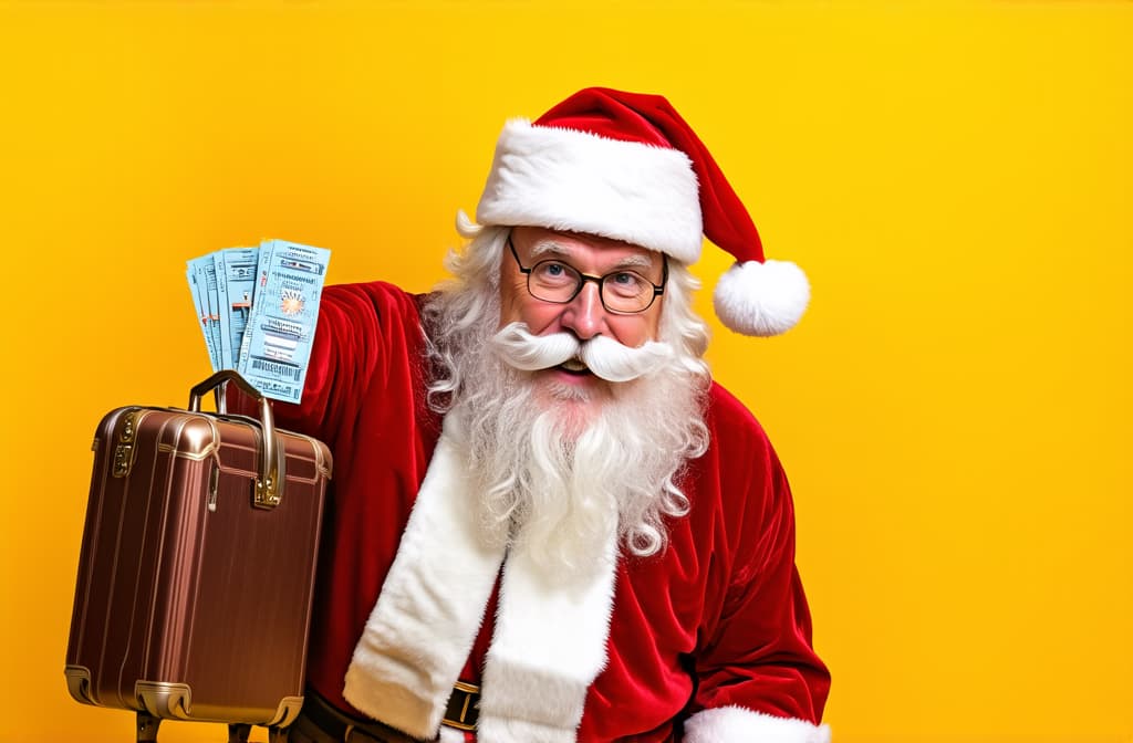  professional detailed photography, santa claus with suitcase and tickets on yellow background ar 3:2, (muted colors, dim colors, soothing tones), (vsco:0.3)