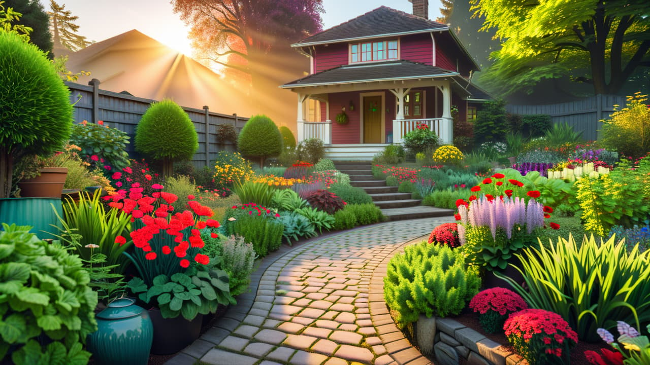  a vibrant beginner's garden scene featuring colorful flowers, easy to grow vegetables, raised beds, and lush greenery, with a sunny sky overhead and a small, inviting path winding through the plants. hyperrealistic, full body, detailed clothing, highly detailed, cinematic lighting, stunningly beautiful, intricate, sharp focus, f/1. 8, 85mm, (centered image composition), (professionally color graded), ((bright soft diffused light)), volumetric fog, trending on instagram, trending on tumblr, HDR 4K, 8K