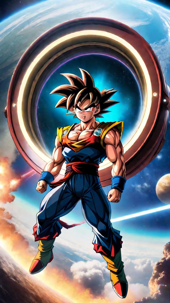  anime art: bardock places baby goku in a space pod, launching him towards earth as planet vegeta meets its end. hyperrealistic, full body, detailed clothing, highly detailed, cinematic lighting, stunningly beautiful, intricate, sharp focus, f/1. 8, 85mm, (centered image composition), (professionally color graded), ((bright soft diffused light)), volumetric fog, trending on instagram, trending on tumblr, HDR 4K, 8K