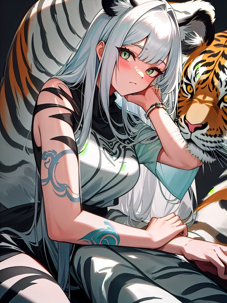  sauce, women, refreshing, semi long, silver colored hair, tiger tattoo on arm, masterpiece, best quality,8k,ultra detailed,high resolution,an extremely delicate and beautiful,hyper detail