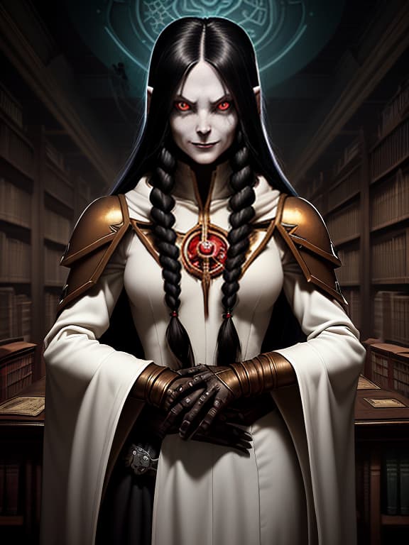  eldar female from warhammer 40000, long black hair gathered in a braid, hands hidden behind her back, evil smile, brown eyes, white robe, library on the background, dark , creepy , blood , monsters , by jason engle , carlos huante , charlie bowater , simon lee , brom