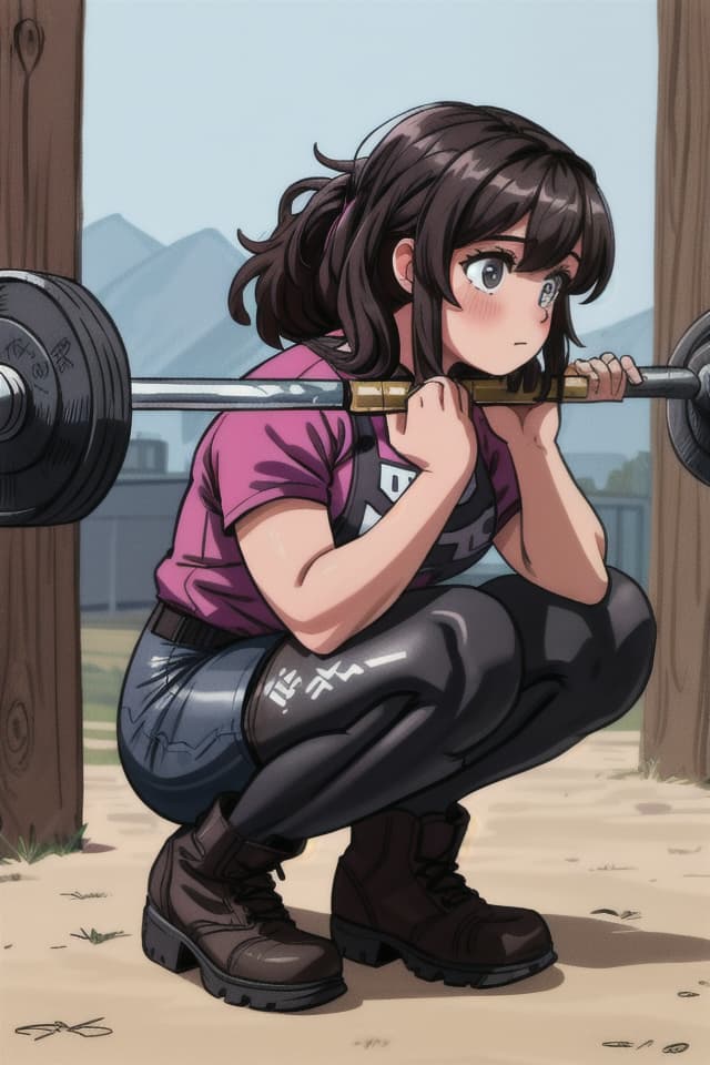  a cross between a cowgirl and a powerlifter doing a barbell squat wearing black tights and cowgirl boots, hq, hightly detailed, 4k