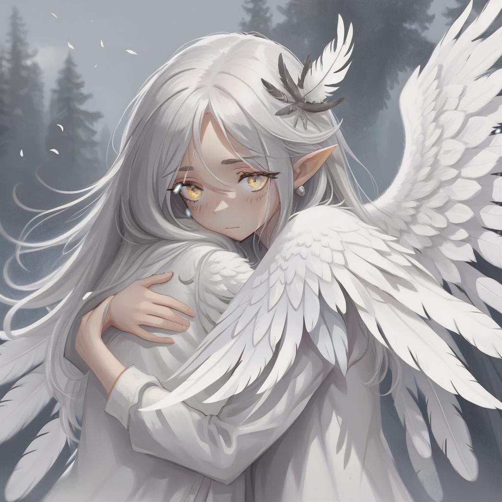  concept art a girl with white eyes and long gray hair, with feathers instead of ears, hugs her white wings . digital artwork, illustrative, painterly, matte painting, highly detailed