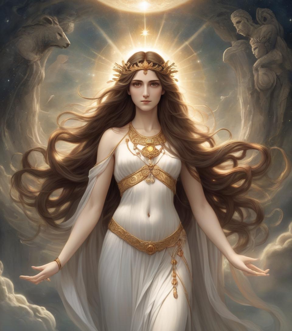  goddess of youth, with long hair and brown eyes, mythology artwork