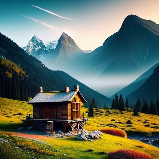  a beautiful mountain landscape with a little house, by jesper Ejsing, natural light hyperrealistic, full body, detailed clothing, highly detailed, cinematic lighting, stunningly beautiful, intricate, sharp focus, f/1. 8, 85mm, (centered image composition), (professionally color graded), ((bright soft diffused light)), volumetric fog, trending on instagram, trending on tumblr, HDR 4K, 8K