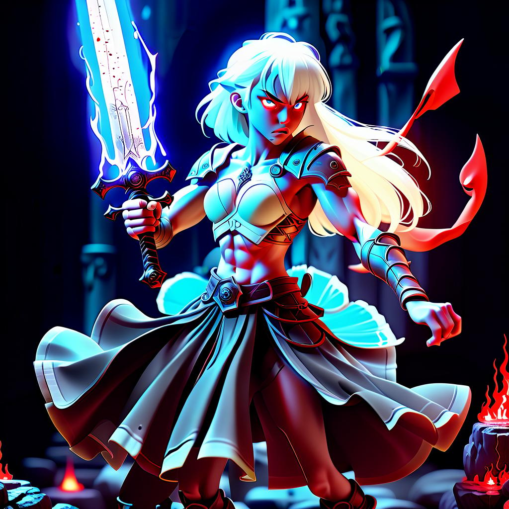  anime artwork create an image with the following characteristics: ** image type: ** ilration of a battle scene ** object: ** semi demon sports physique ** appearance description: ** the should have light skin, white hair, blue bright glowing eyes, medium sized s and a bare stomach with a noticeable . the lower part of the body should be , and in the right hand it should hold a bloody sword, and in the left a magical sphere of water. the scene is set in a fantasy dungeon, where the is attacked by monsters, trying to grab her and take away the bloody weapon. the camera must film the whole scene, showing the a few meters from the lens, her body in motion, and monsters approach. ** effect:** the image s