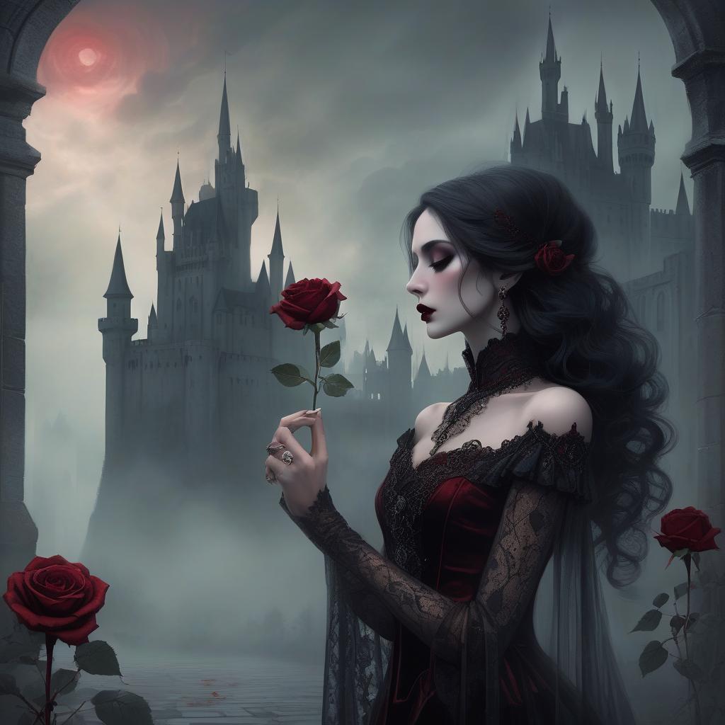  concept art a gothic styled woman holds a rose to her nose against a misty castle backdrop, exuding mystery and elegance. a gothic woman with dark, styled hair leans in to touch a black rose with deep red accents, her eyes closed in contemplation. she wears intricate lace attire, complete with lavish earrings. the background features a misty, ethereal landscape with faint, shadowy castle silhouettes, enveloped in greenish hues, enhancing the mysterious atmosphere. . digital artwork, illustrative, painterly, matte painting, highly detailed