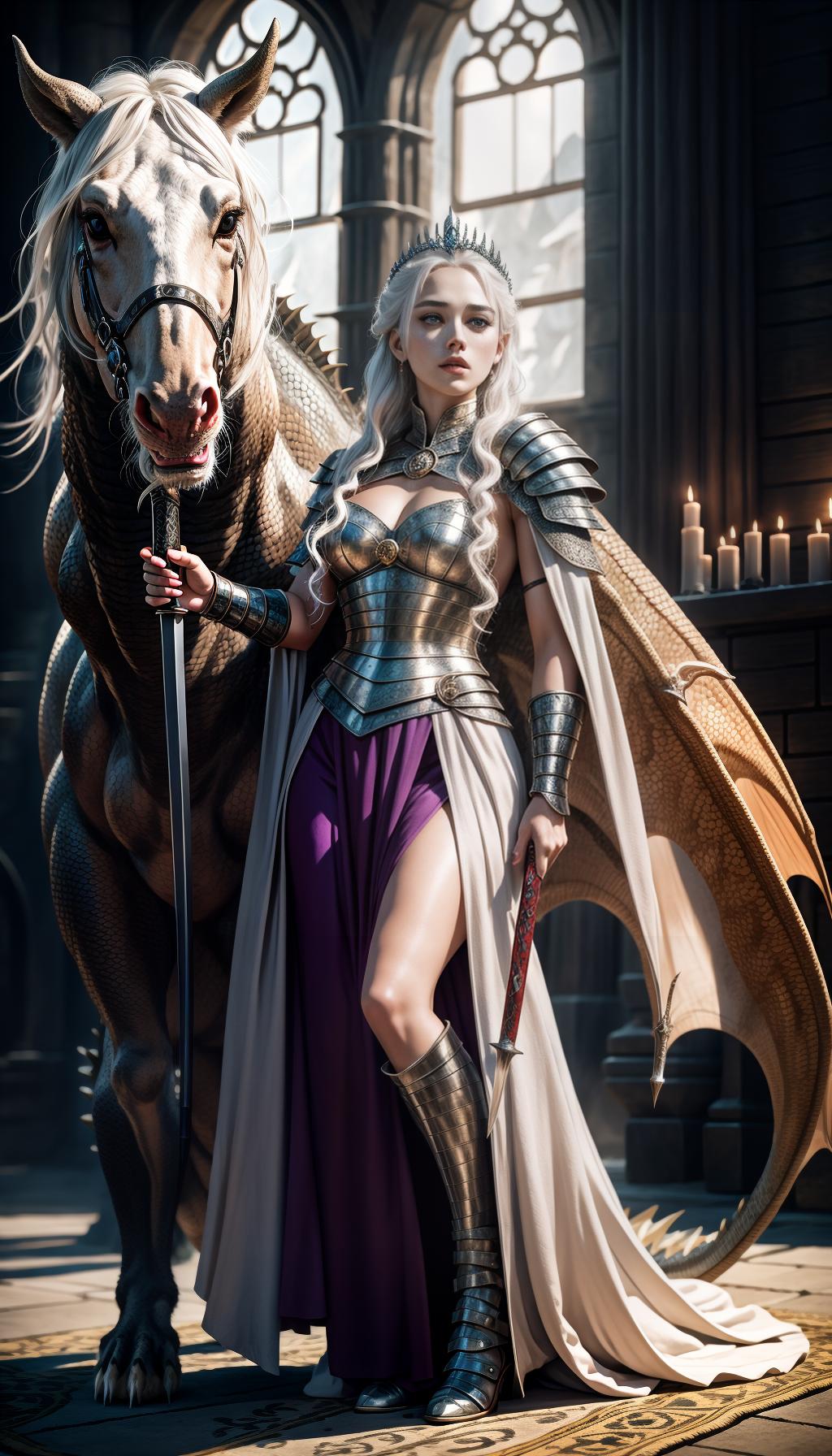  create hyper realistic rhaenyra targaryen queen of the seven kingdoms from house of the dragon (((showing full body))), holding a finest majestic sword with a fury fierce dragon on her shoulder, beautiful medieval queen, freckles, violet eyes, white blonde hair, very tanned skin, dragon behind her, realistic, queen of dragons, fantasy, sci fi, showing full body in elegance and grace, low angle shot