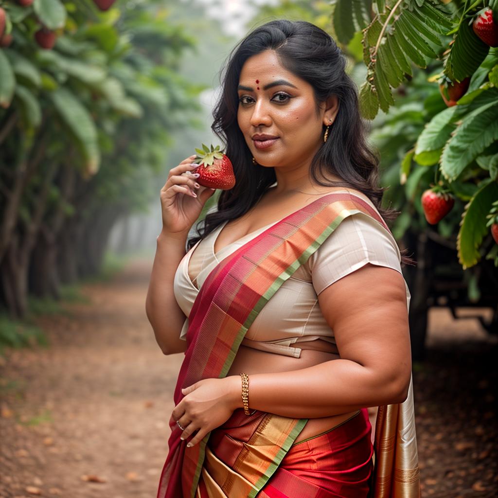  A Huge chubby Woman holding strawberry in Hand, Saree and pallu, Clean face, mango Trees, No saturation, low vibrant hyperrealistic, full body, detailed clothing, highly detailed, cinematic lighting, stunningly beautiful, intricate, sharp focus, f/1. 8, 85mm, (centered image composition), (professionally color graded), ((bright soft diffused light)), volumetric fog, trending on instagram, trending on tumblr, HDR 4K, 8K