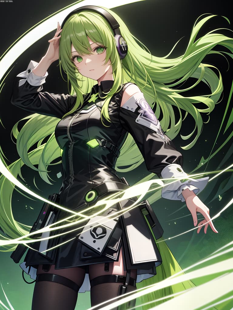  (masterpiece:0.9),best quality,(illustration,official art:1.1),hyper detail,1girl,solo,(green long hair:1.45),dynamic angle,(music note:1.25),(cinematic lighting,stray light),solid,[(partially [[green:purple:0.2]:green:0.35] barrage of notes:1.2):0.1],headphone,[(black background:1.25)::0.2],(elegant wallpaper:1.3),hdr,<lora:add detail:0.5> <lora:silicon landscape isolation:0.75> <lora:gloss tweaker v2: 0.6>