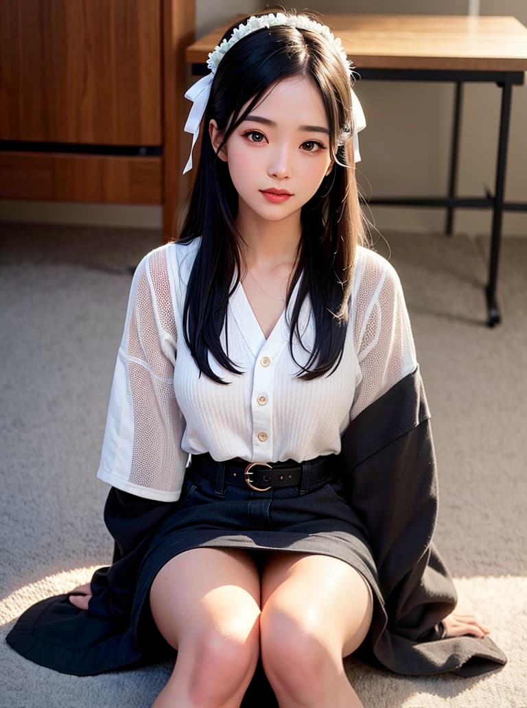  cinematic, best quality, photo, 1girl, , female , , serafuku, hair ribbon, socks, waring clothes, loose wearing, close up, beautiful black hair, sitting on desk, legs open, cl room, , morning, 50mm, f2.8, beautiful sky, beautiful back ground, beautiful face, beautiful eyes, detailed face, smile to viewer, front view, slightly , hyperrealistic, full body, detailed clothing, highly detailed, cinematic lighting, stunningly beautiful, intricate, sharp focus, f/1. 8, 85mm, (centered image composition), (professionally color graded), ((bright soft diffused light)), volumetric fog, trending on instagram, trending on tumblr, HDR 4K, 8K