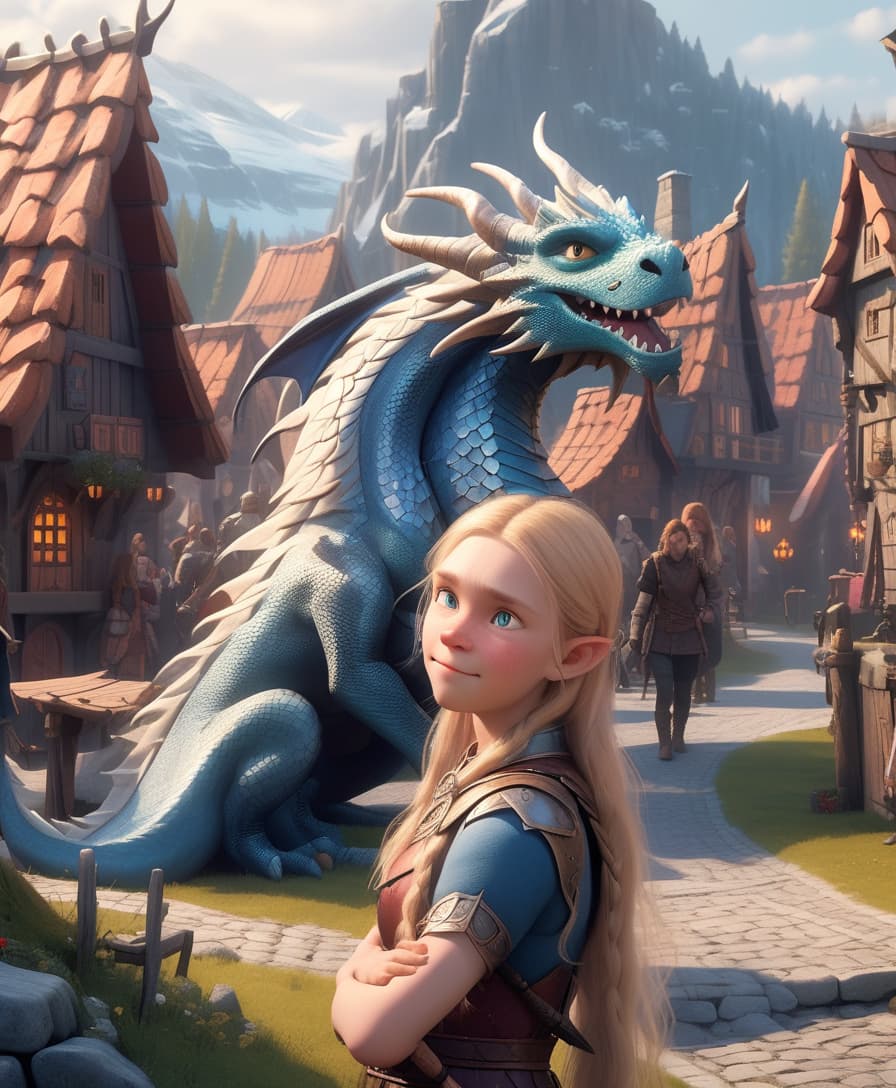  a girl, a scandinavian warrior, hugs a dragon, in front of a scandinavian village