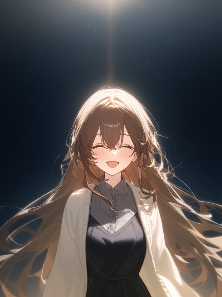  a girl laughing at me, bright brown hair, long hair, transparent ephemeral, black sleeveless dress, white cardigan, whole body facing in front, laughing, laughing, starry sky under the whole body, facing here, my eyes meet me, masterpiece, best quality,8k,ultra detailed,high resolution,an extremely delicate and beautiful,hyper detail