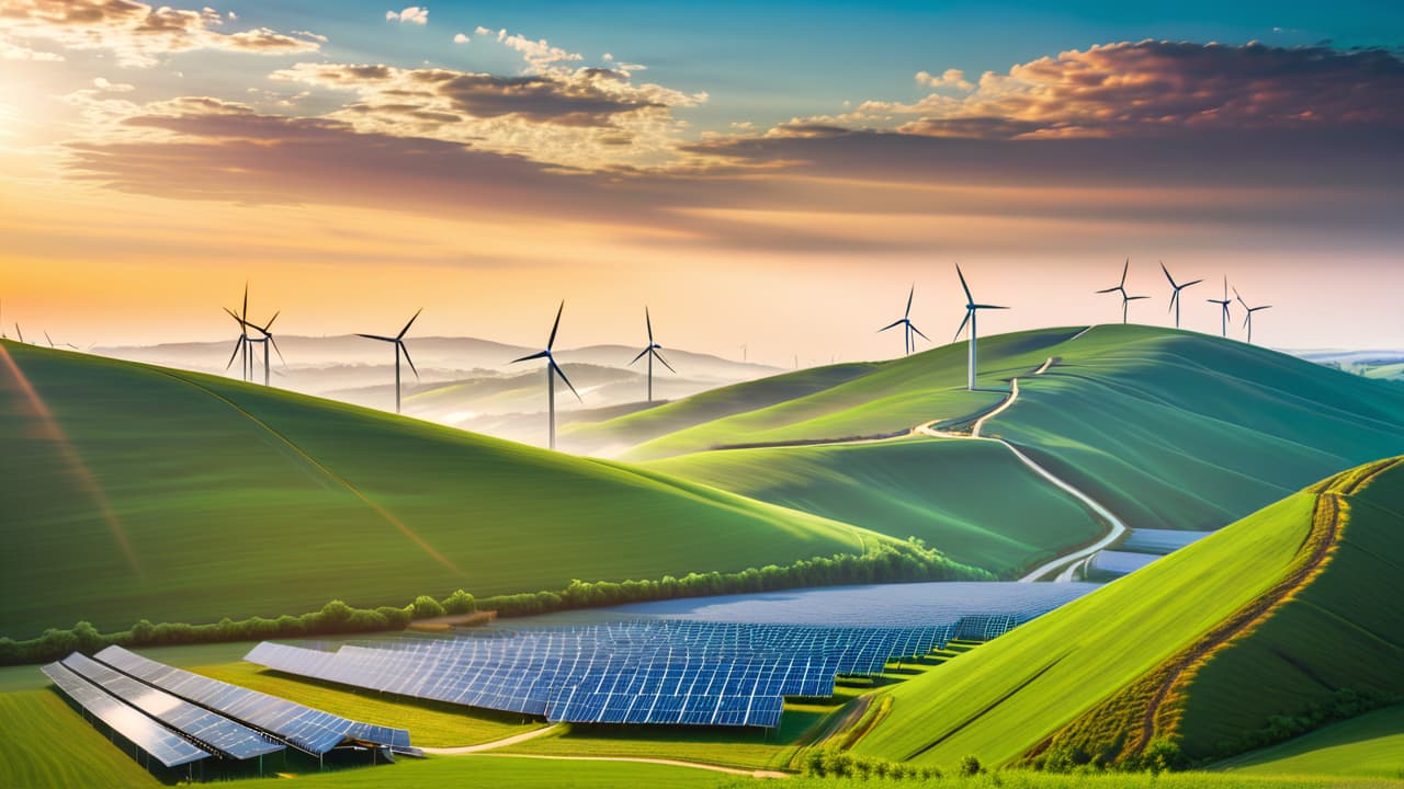  a vibrant landscape featuring wind turbines on rolling hills, solar panels glistening under the sun, a flowing river with hydroelectric dam, and lush green trees, symbolizing harmony between nature and renewable energy. hyperrealistic, full body, detailed clothing, highly detailed, cinematic lighting, stunningly beautiful, intricate, sharp focus, f/1. 8, 85mm, (centered image composition), (professionally color graded), ((bright soft diffused light)), volumetric fog, trending on instagram, trending on tumblr, HDR 4K, 8K