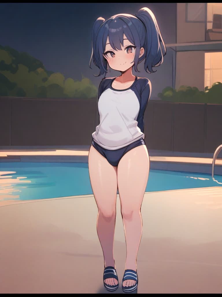  women's elementary students, twin tails, cute smiles, (rich s), low stature, dark blue swimwear, old swimwear, swimwear, simple, (bulging), male (bulging), (bulge), shaped crisp, shaped crisp chin ( ), front, whole body, pool side,