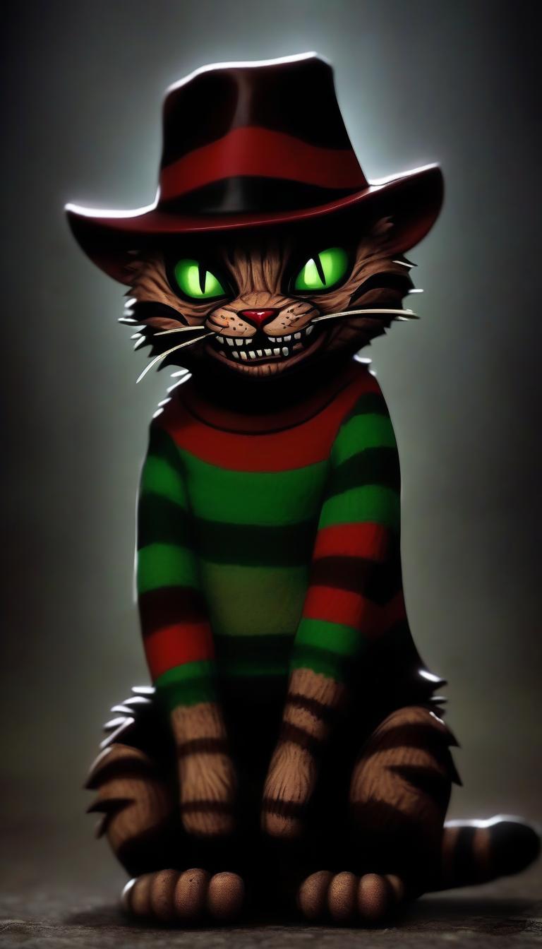  horror themed generate a cute cat standing on its hind legs like a human. the cat is styled as freddy krueger, wearing the iconic red and green striped sweater and a fedora hat. the cat has a playful but eerie expression, with one paw raised, showing sharp claws reminiscent of krueger’s bladed glove. the scene should be a mix of horror and cuteness, blending the spooky essence of freddy krueger with the charm of a standing cartoon like cat . eerie, unsettling, dark, spooky, suspenseful, grim, highly detailed