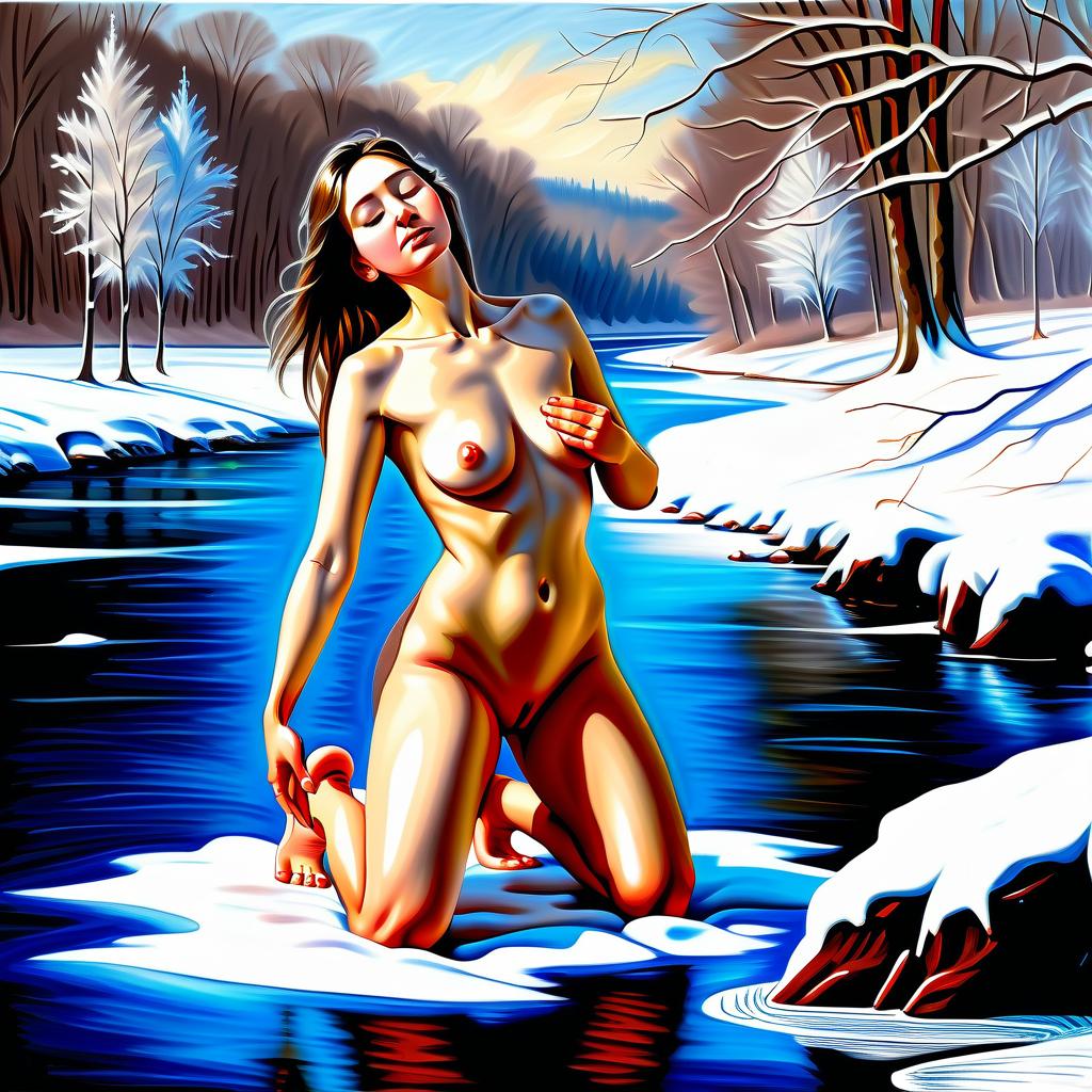  oil painted a naked woman kneeling in front of trees by the frozen river, perfect hands