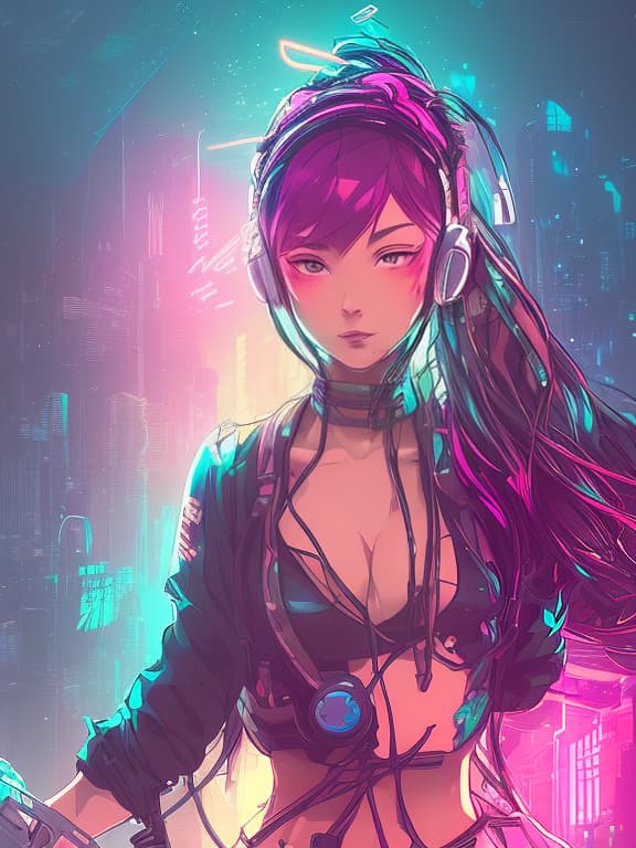 nvinkpunk girl gamer in headphones, headphones around the neck, on the head cat ears, open clothes, hair long black disheveled, eyes glow, everything is very bright and neon, anime style photo, manga style, digital art, glow effects, hand drawn, render, 8k, octane render, cinema 4d, blender, dark, atmospheric 4k ultra detailed, cinematic sensual, sharp focus, humorous illustration, hyperrealistic, big depth of field, masterpiece, colors, 3d octane render, 4k, concept art, trending on artstation, hyperrealistic, vivid colors