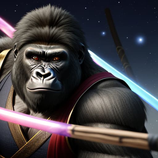  (Wizard samurai handsome gorilla hair styles with stick in 4K 3DHer eyes are marbles and her is shiny glass. 3D 4K uhd Realistic marblelight shine light spread art glass parts on sky))