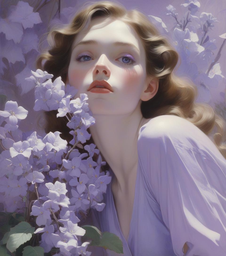  subject: artists: mann, gammell, kley, goldin, gerome, quentin blake, gibson, anne bachelier, alberto vargas, bouguereau, n.c. wyeth, rockwell, parrish, dan seagrave, hopper style: color palette: lilac, lavender, periwinkle techniques: details: idyllic, innocence, cinematic, painting, photo, portrait photography, conceptual art, illustration