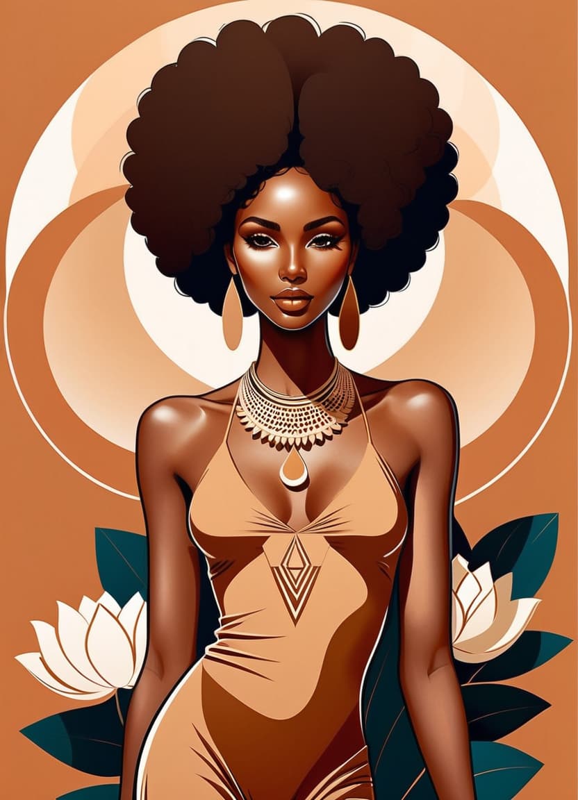  minimalism, a beautiful african woman with brown skin. with an afro. she wears a flowy brown outfit. she is a goddess. lotus flowers are around her, abstract, simple geometic shapes, hard edges, sleek contours, minimalism