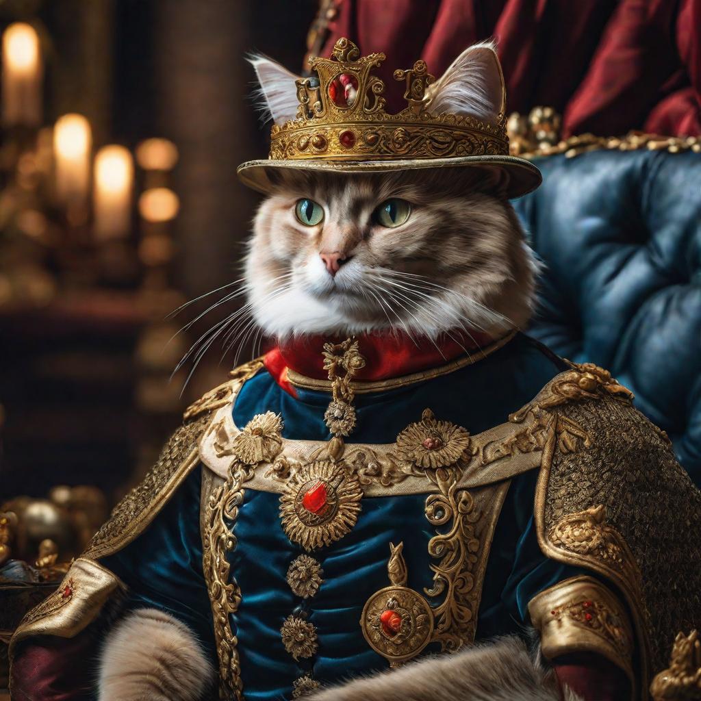  cat as a king hyperrealistic, full body, detailed clothing, highly detailed, cinematic lighting, stunningly beautiful, intricate, sharp focus, f/1. 8, 85mm, (centered image composition), (professionally color graded), ((bright soft diffused light)), volumetric fog, trending on instagram, trending on tumblr, HDR 4K, 8K