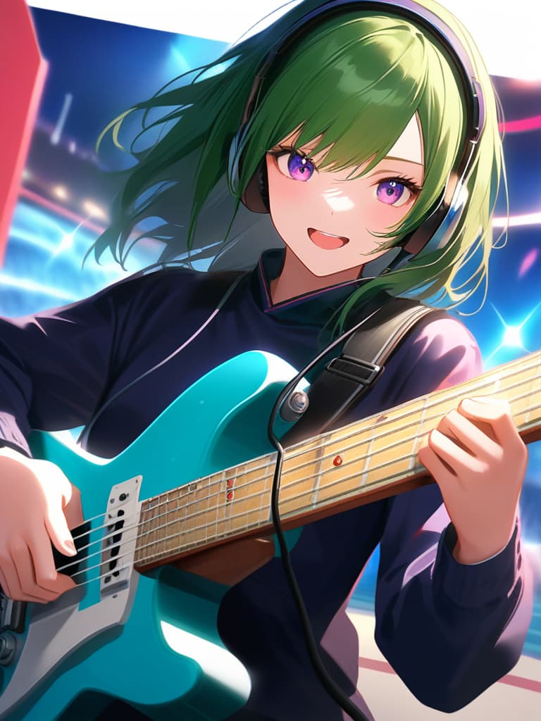  1boy,18yo,(((high school boys))),(((playing with an electric guitar:1.35))),green hair,short hair,purple eyes,headphone,very loud laugh,(((happy pose))),(((metallic focus))),music note effect,realistic