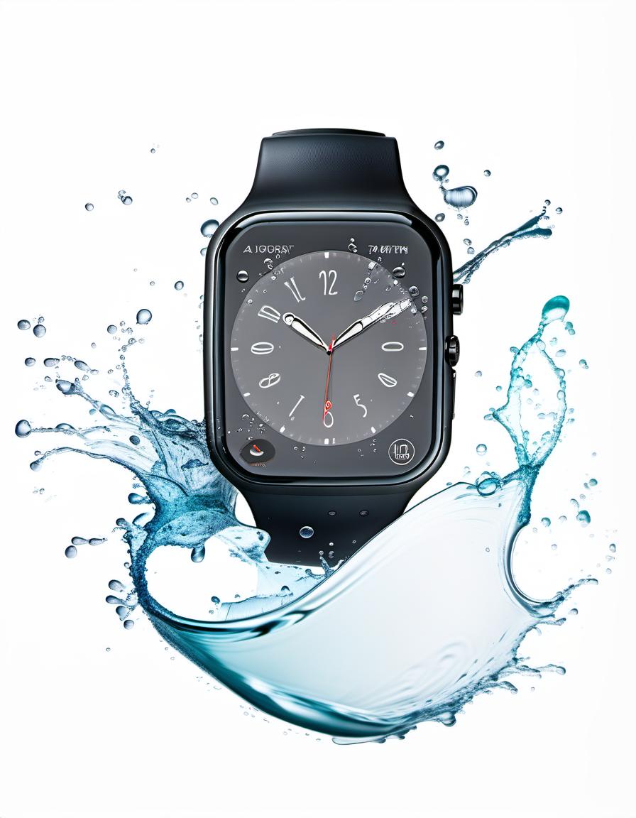  smart watch on a white background, around beautiful splashes of water, film photography style