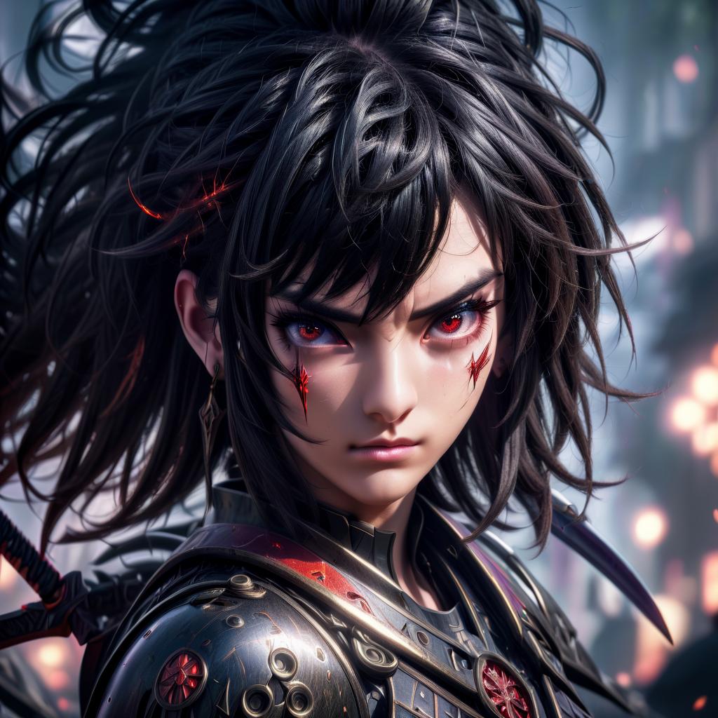  anime artwork girl with black hair and red eyes in light armor with two daggers . anime style, key visual, vibrant, studio anime, highly detailed, hkmagic, civitai