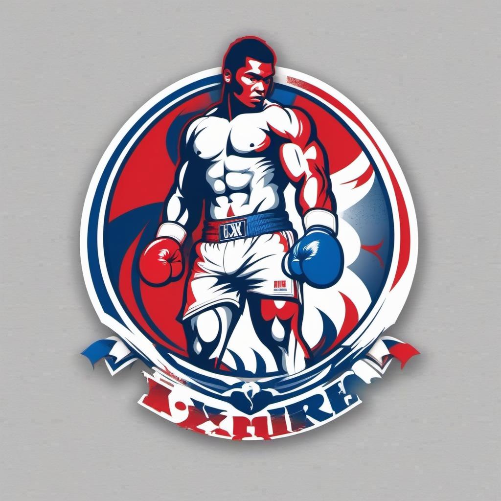  Draw a logo for OXXFIRE, a company that sells wholesale boxing and martial arts products. The colors are white, blue and red. The figure of a boxer in the center. The OXXFIRE inscription.