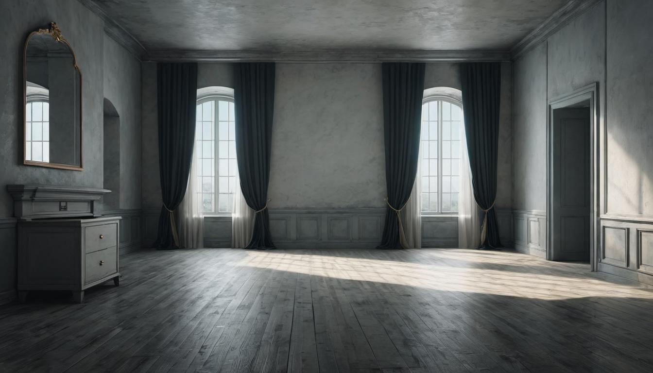  （surrealism)an empty room with an open window, curtains swirling gently as if someone just left, quiet and serene, sense of absence, mysterious departure mystic, intricate details, best quality)