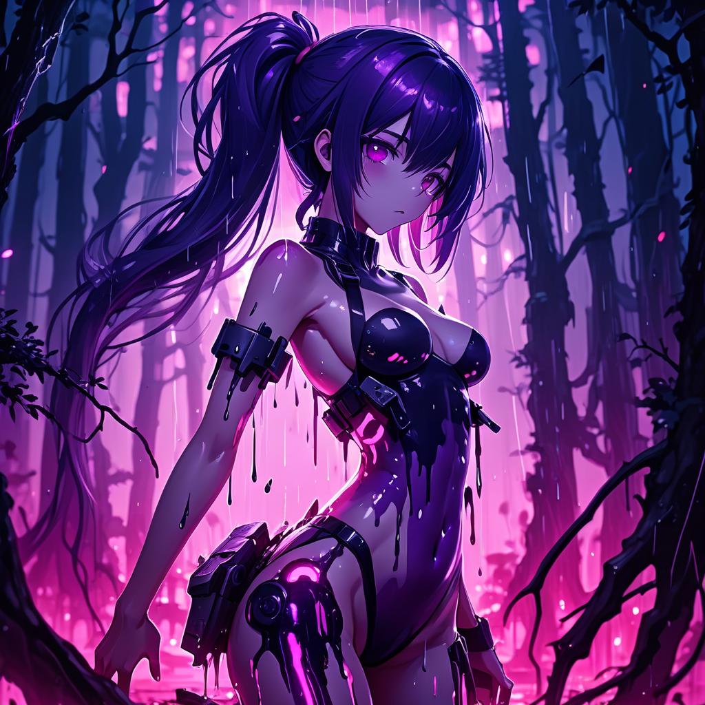  a woman standing in the middle of a forest, dark purple hair and cybernetics, nightcore, pink shadows, black goo, by maki haku, torrential rain of blood, sona, (art station), destruction around her, removed watermarks, halation, deep lighting