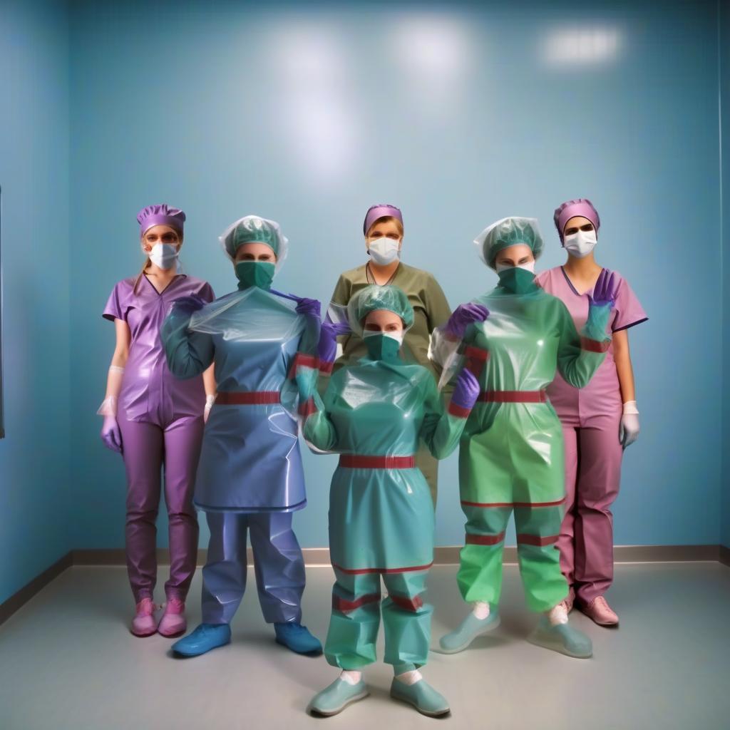  women surgeons, standing, full length, front view, full face, the whole outfit is made of glossy latex, vera, an anesthesiologist, wears a short sleeved coverall made of purple glossy latex, on her head is a surgeon's cap in the color of the coverall, on her face is a surgical mask in the color of the cap, on her feet are sandals in the color of the surgical mask, on her neck is a stethoscope, on her hand is a watch with a second hand, nadezhda, an operating nurse, wears a knee length surgical gown with long sleeves with cuffs and a belt at the waist, on her head is a surgeon's beret, on her face is a surgical mask, on her legs are trousers tucked into high surgical shoe covers, surgical gloves, everything is made of dark green glossy latex