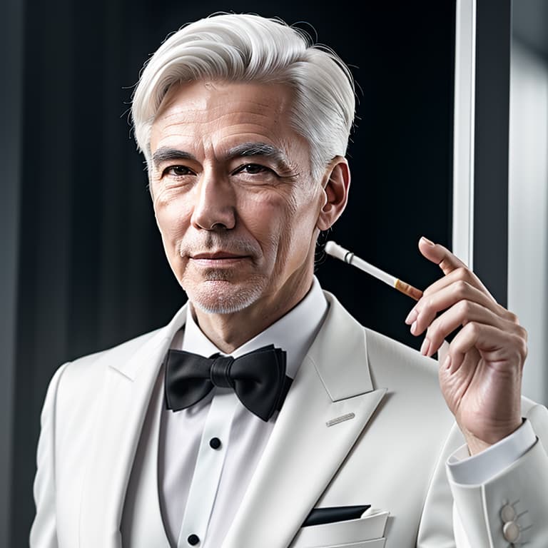  a tall, handsome, white haired korean man in his 60s wearing a formal suit and holding a fancy cigarette. hyperrealistic, full body, detailed clothing, highly detailed, cinematic lighting, stunningly beautiful, intricate, sharp focus, f/1. 8, 85mm, (centered image composition), (professionally color graded), ((bright soft diffused light)), volumetric fog, trending on instagram, trending on tumblr, HDR 4K, 8K