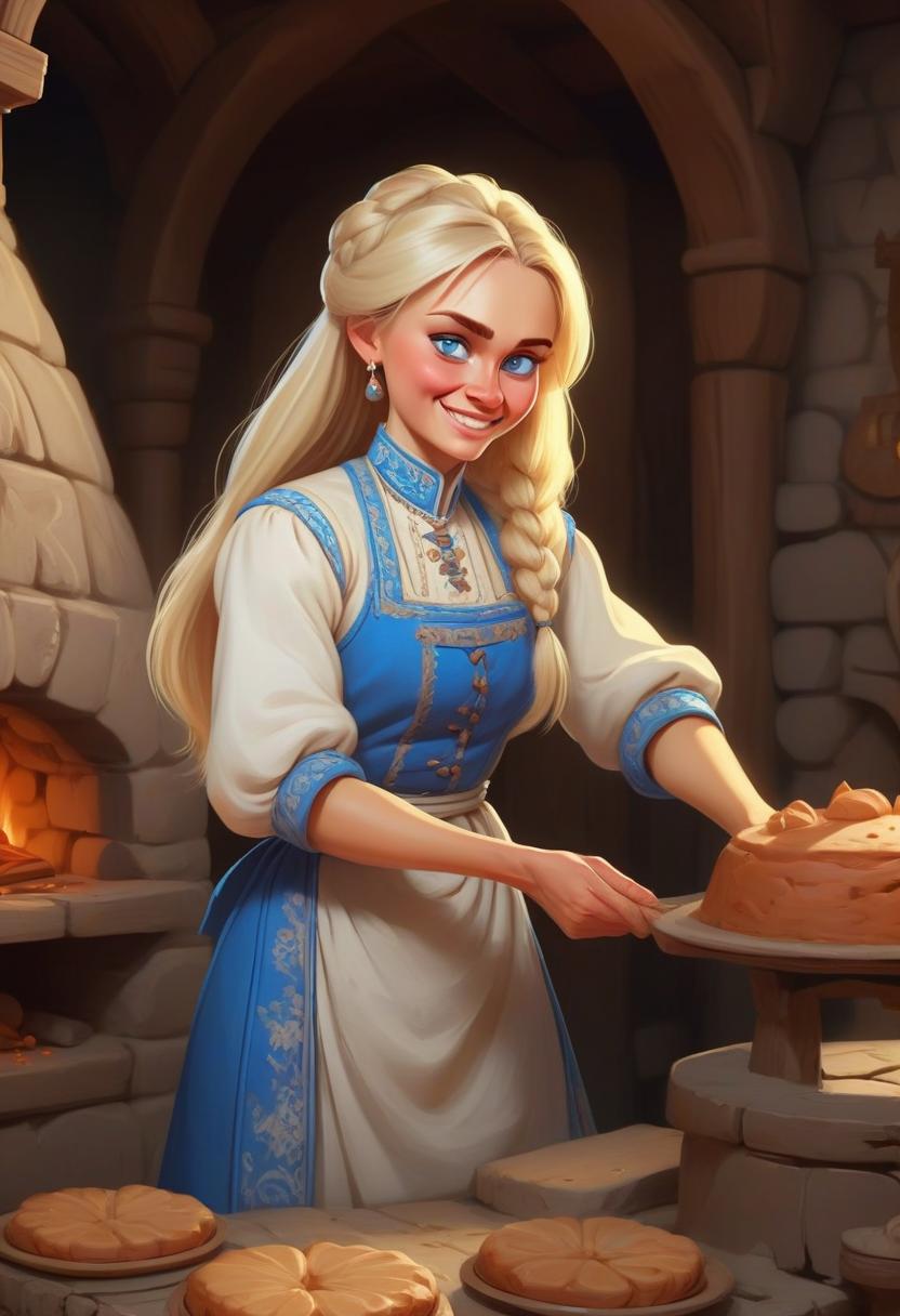  masterpiece, the best quality, a russian woman in traditional clothes prepares cakes in a stone oven, a very light smile, tense, piercing eyes, blue eyes, flowing blond hair, dressed in a traditional russian outfit, cooks in the open air, inside a wooden castle, against the background of an ancient russian throne room in a wooden castle, cartoon style, cute,