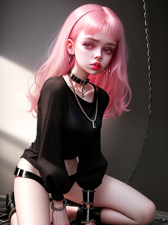  the girl kneels in a collar on a chain and bracelet, pink lips, a black long shirt, no pants, no pants, beautiful