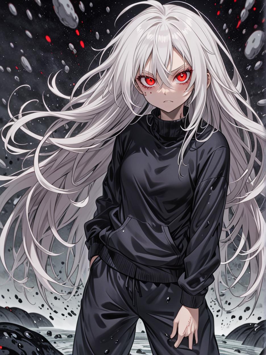  manga artwork satoru gojo, jujutsu kaisen, female version, beautiful woman with long white hair, galaxy red eyes. revealing her deep red eyes, super detailed eyes. black compressed clothes, baggy sweatpants. background of a black desert full of slime, hyper realistic atmospheres, details, 8k. manga artist. manga, highly emotional. best quality, high resolution