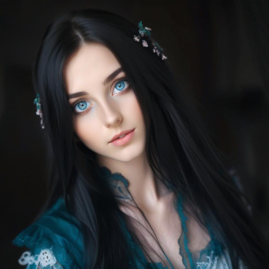  young , with black long hair, beautiful eyes, with a gentle look, looks 