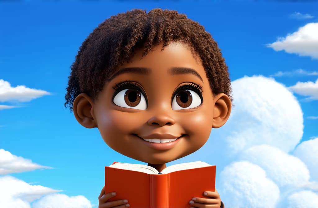  big head, big eyes, caricature, a caricature, rendering, (figurativism:0.8), literary fan young african girl in the sky on a cloud reading a book. funny, abstract cartoon people on beige. 3d rendering. ar 3:2, epic realistic, pixar style, disney, (cycles render:1.3), caustics, (glossy:0.58), (artstation:0.2), cute