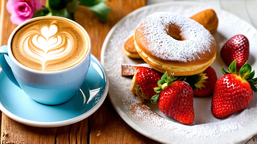  plate of pastries next to a cup of coffee, photo on a wooden table, flowers and strawberries, powdered sugar, donut, profile picture, cozy, lots of details ar 16:9 {prompt}, maximum details