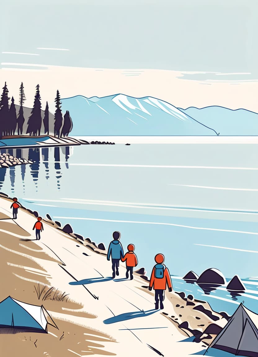  minimalist style children walk on the waterfront lake baikal in a children's camp retro style sketch . simple, clean, uncluttered, modern, elegant