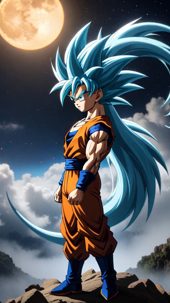  anime art: saiyan tail glowing with primal power under a full moon, symbolizing heritage and warrior instincts, dragon ball hyperrealistic, full body, detailed clothing, highly detailed, cinematic lighting, stunningly beautiful, intricate, sharp focus, f/1. 8, 85mm, (centered image composition), (professionally color graded), ((bright soft diffused light)), volumetric fog, trending on instagram, trending on tumblr, HDR 4K, 8K