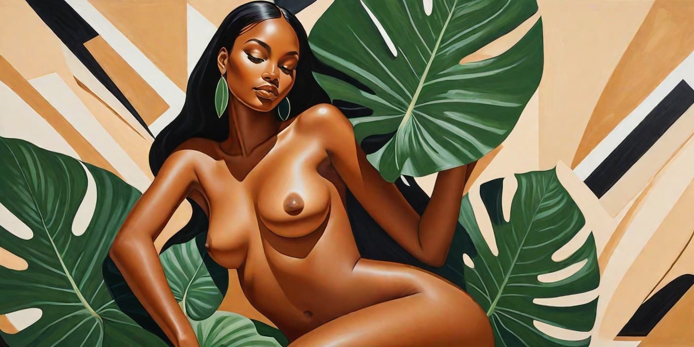  minimalism, painting of a beautiful black woman. she lays, surrounded elephant ear leaves. naked. she has brown legs. she has brown feet. she is in a divine pose., abstract, simple geometic shapes, hard edges, sleek contours, minimalism