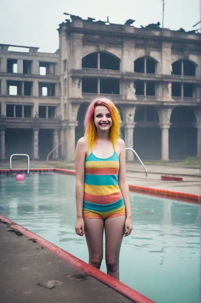  cute sweet 1 in a colorful , smile, at a grungy ruined city outdoor pool, misty skyscrs