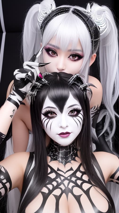  Black and silver Spider-patterned body paint in every corner of the whole body, full-body, White body paint,Silver face paint on the face,Two succubuses 女の子