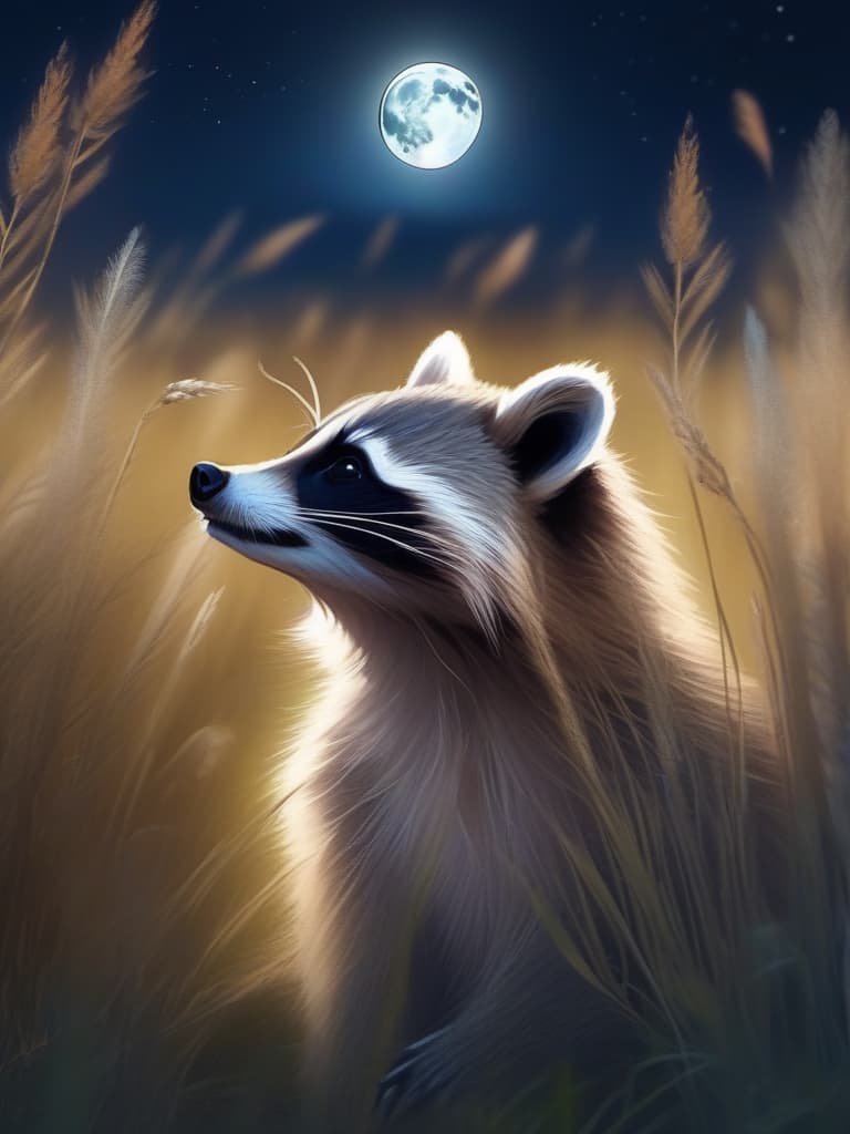  midnight,full moon,field of silver grass🌾 all over,super cute raccoon looking up at the moon:1.2,moon viewing🎑,blur effect,