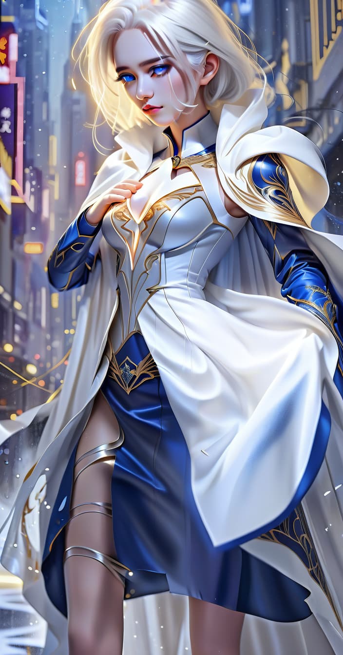  breathtaking girl, bright dark blue dress with a cut at the waist, white cape, white hair. . award winning, professional, highly detailed, perfecteyes, glowneon, hkmagic