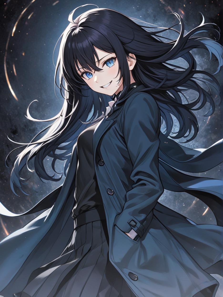  manga artwork a woman with sharp teeth. light blue eyes. it has long black hair that flows freely, giving it a mysterious and imposing air. he wears a long black coat with wavy edges, which appear to be in constant motion, adding a sense of dynamism to his appearance. the coat is open at the front, revealing a fitted black outfit underneath, which highlights her slender and athletic figure. her pose is confident and slightly dynamic, with one hand extended outwards, as if reaching for something or making a meaningful gesture. the background is a solid black, with an aura like circle framing the character's head, enhancing his silhouette and giving him an almost otherworldly look. hyper realistic atmospheres, detail, 8k. manga artist. manga